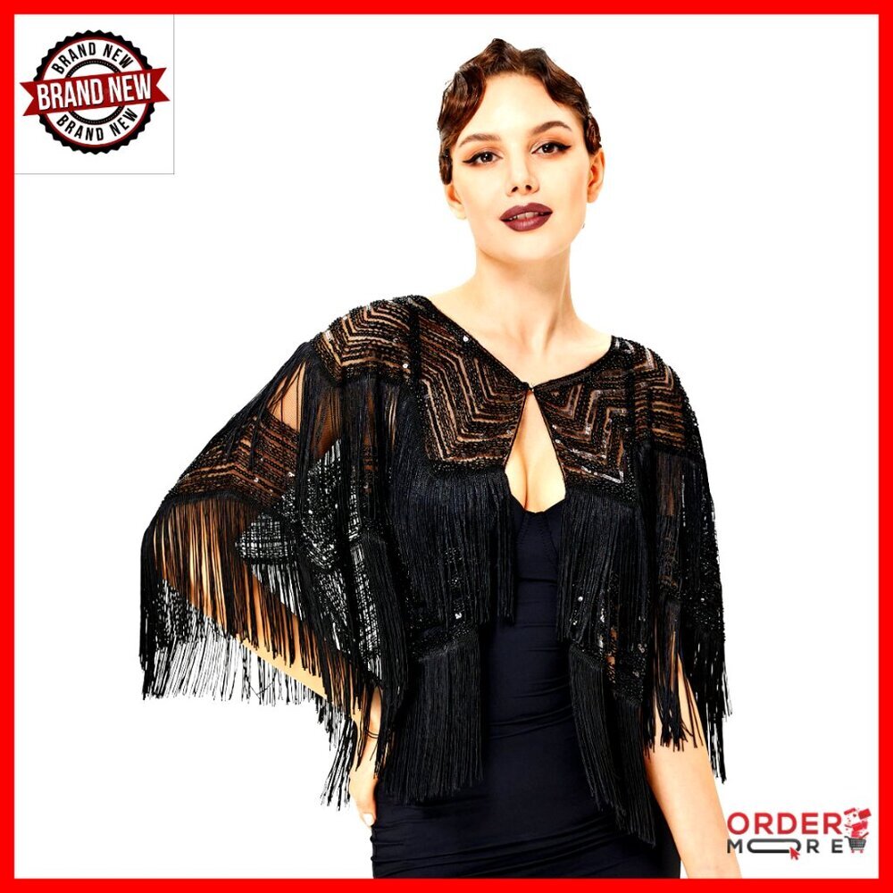 Sequin Fringe Shawl Wrap for Gatsby Party Evening Wear One Size